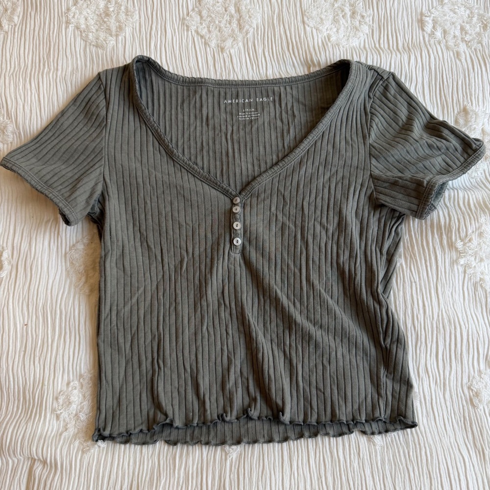 Olive Green Ribbed Henley Short Sleeve Lettuce Hem Top Small Boho
